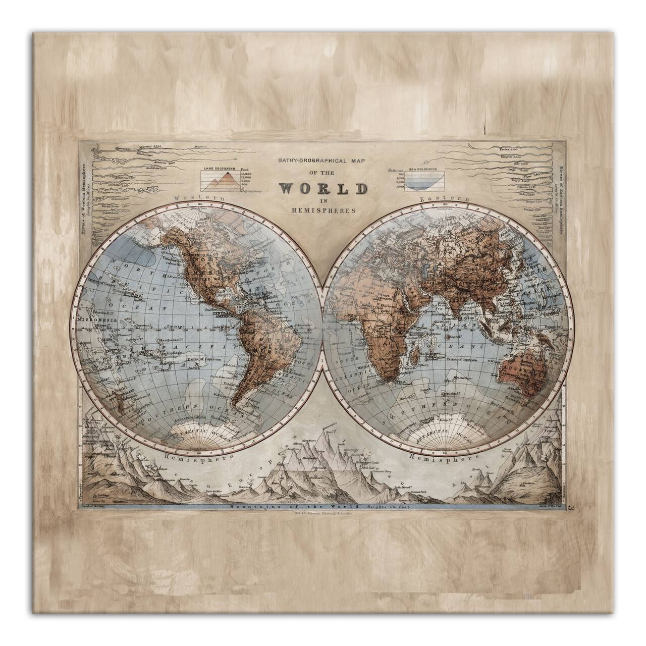 World Map Hemispheres 30" x 30" Canvas Wall Art